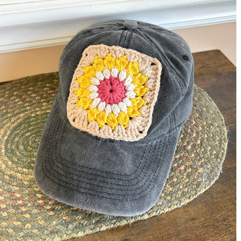Sunflower Crochet Granny Square Washed Cotton Baseball Cap Dad Hat Boho Gray